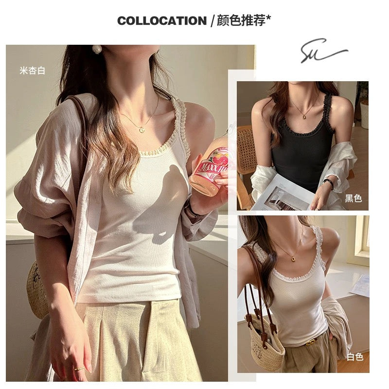 螺纹棉性感花边打底小吊带女内搭简约背心可外穿显瘦修身抹胸无袖