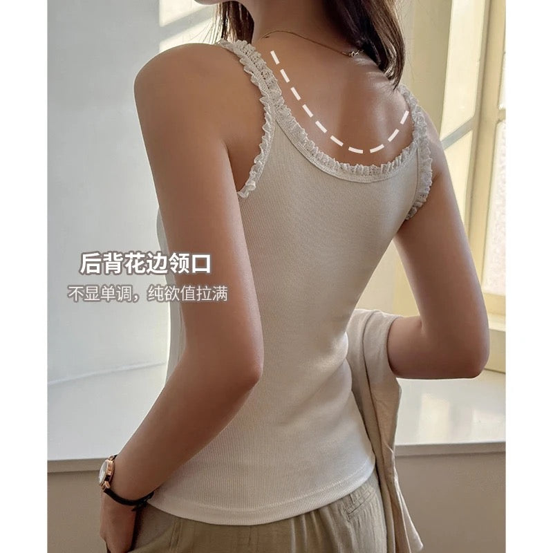 螺纹棉性感花边打底小吊带女内搭简约背心可外穿显瘦修身抹胸无袖